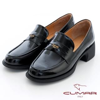 【CUMAR】擦色開珠邊錢幣飾扣粗跟樂福鞋(黑色)