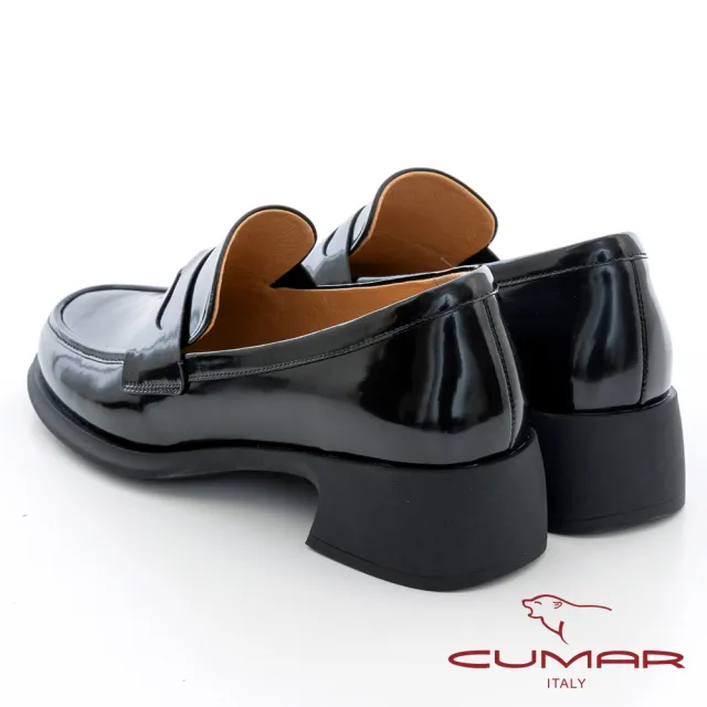 【CUMAR】擦色開珠邊錢幣飾扣粗跟樂福鞋(黑色)
