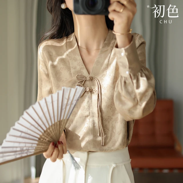 初色 新中式文藝印花V領燈籠袖九分長袖襯衫上衣女上衣-共2色