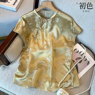 【初色】新中式復古盤扣緞面提花休閒顯瘦圓領短袖旗袍女上衣-黃色-33805(M-2XL可選)