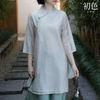 【初色】新中式旗袍復古斜襟盤扣寬鬆休閒立領五分袖長版女上衣-共2色-33693(M-2XL可選)