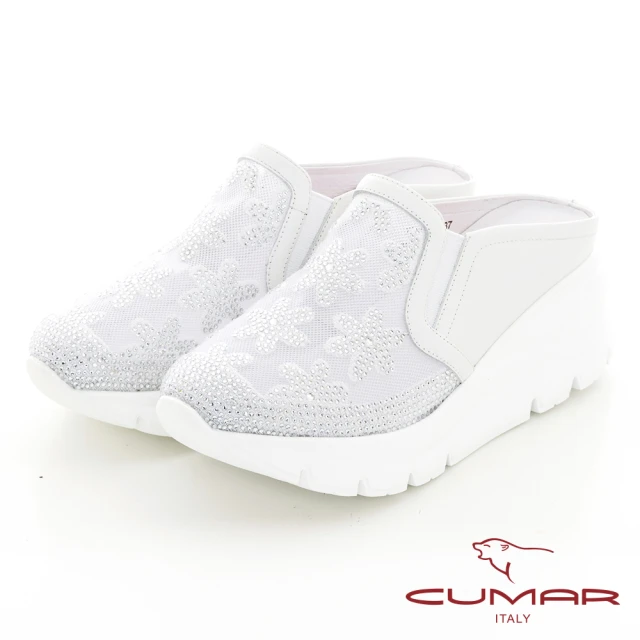 CUMAR 鏤空透膚蕾絲厚底台半拖鞋後空懶人休閒鞋(白色)