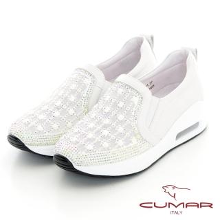 【CUMAR】透膚水鑽厚底臺氣墊休閒鞋(米白色)