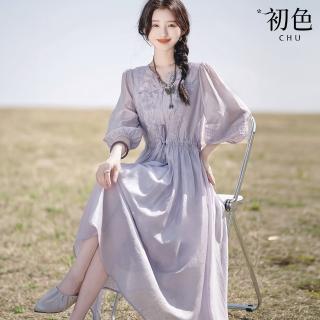 【初色】精緻刺繡輕薄透膚收腰顯瘦百搭泡泡圓領長袖連衣裙洋裝-紫色-33815(M-XL可選)