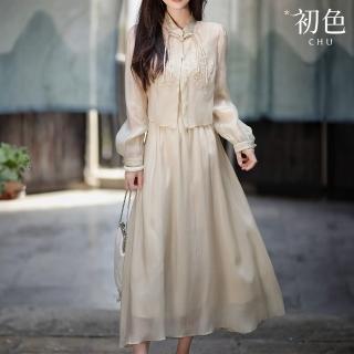 【初色】復古風刺繡立領九分長袖盤扣襯衫上衣/純色收腰一字領無袖連衣裙洋裝-共2款-33817(M-XL可選)