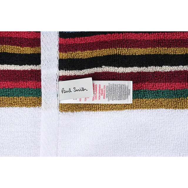 【Paul Smith】刺繡草寫LOGO純棉彩直條紋飾邊毛巾(大/白x彩)