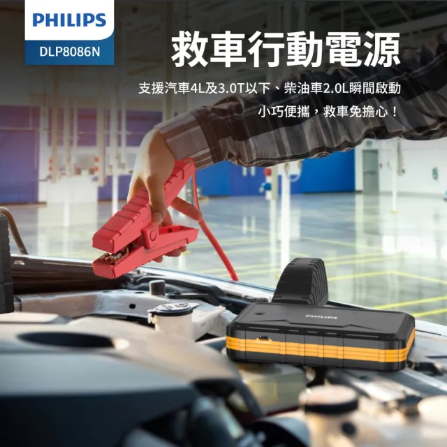 【Philips 飛利浦】DLP8086NB 10000mAh 救車行動電源(汽柴兩用 支援4000cc汽油車 2000cc 柴油車瞬間啟動)