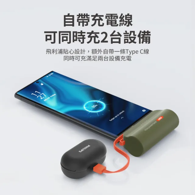 【Philips 飛利浦】DLP2550C 4色可選-4900mAh 10W TypeC直插自帶線口袋行動電源(電量顯示/支架)