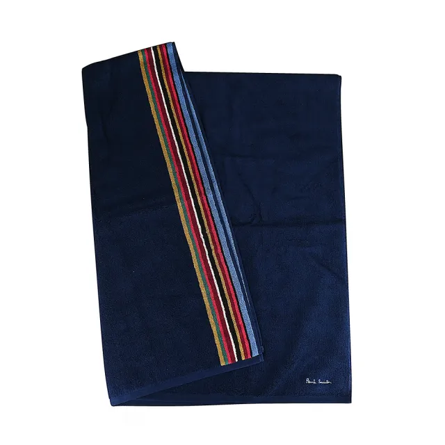 【Paul Smith】刺繡草寫LOGO純棉彩直條紋飾邊毛巾(大/海軍藍x彩)