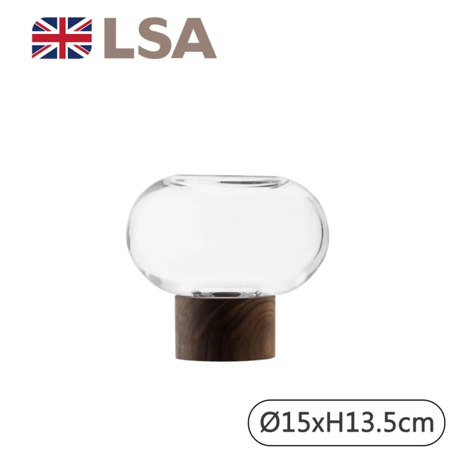 【LSA】OBLATE橢圓花瓶附胡桃木底座15cm-透明(英國手工玻璃家居藝品)