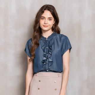 【perng yuh 芃諭名品】*質調柔美 荷葉立領 仿丹寧上衣(2024 SS Collection｜3A春夏 優惠系列)