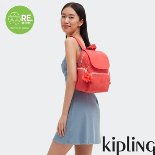 【KIPLING】（網路獨家款）活力珊瑚橘掀蓋拉鍊後背包-CITY ZIP MINI