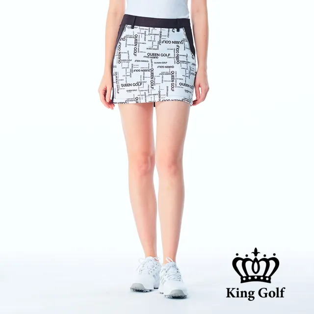 【KING GOLF】實體同步款-女款英文字印花底圖異色拼接A LINE短裙/高爾夫球裙(黑色)