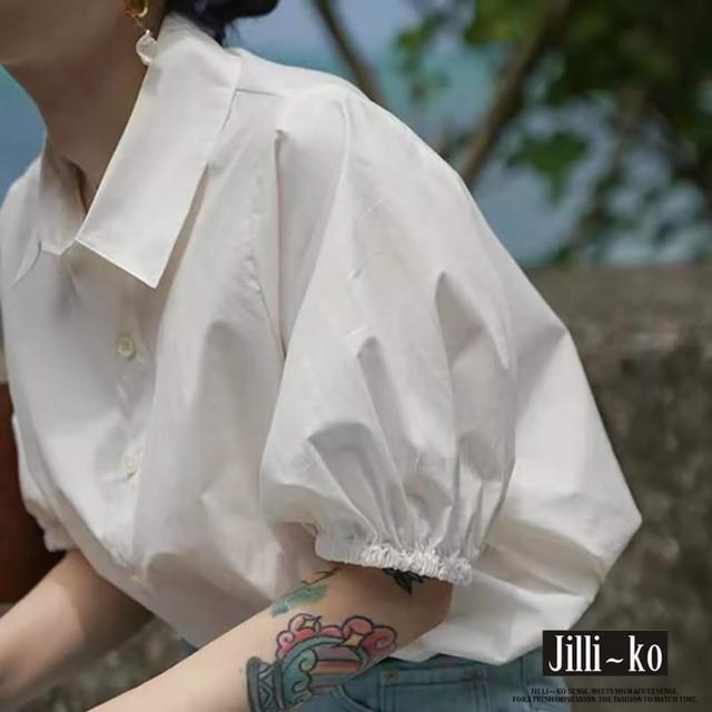 【JILLI-KO】法式復古氣質泡泡袖空氣感襯衫-F(藍/白)