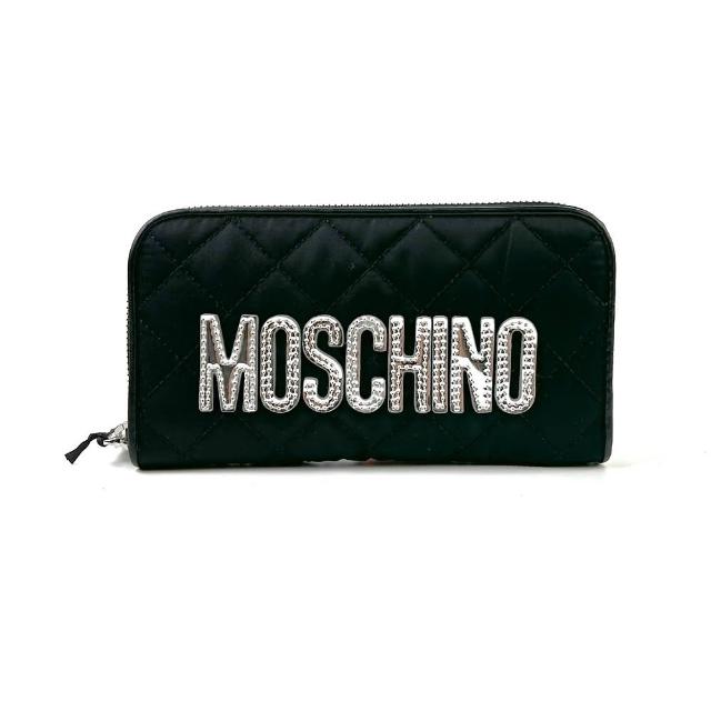 【MOSCHINO】莫斯奇諾 經典 LOGO 絎縫紋拉鍊長夾 黑底銀字(2B810282014555)