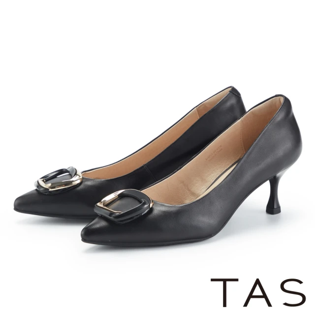 TASTAS 都會摩登尖頭方釦羊皮高跟鞋(黑色)