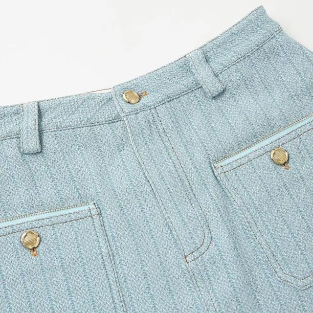 【OUWEY 歐薇】牛仔小香拉鍊口袋短裙(淺藍色；S-L；3241232003)