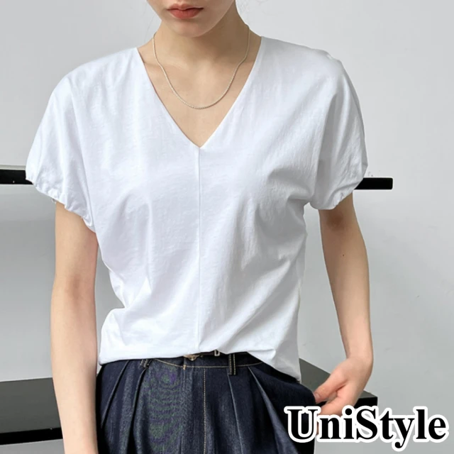 UniStyle V領短袖T恤 韓版簡約花苞袖設計感薄款上衣 女 UV2539(白)