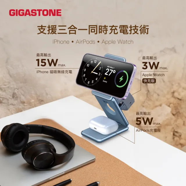 【GIGASTONE 立達】（２入組）三合一23W折疊式磁吸無線充電座(適用iPhone/蘋果耳機/手錶/MagSafe 充電盤)