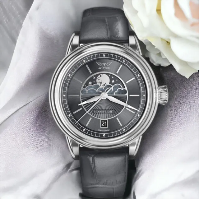 【AVIATOR 飛行員】DOUGLAS MOONFLIGHT 月相 時尚腕錶 女錶 高級灰(V.1.33.0.254.4)