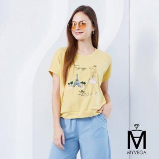 【MYVEGA 麥雪爾】MA高含棉巴黎風刺繡飛鼠袖彈性上衣-黃
