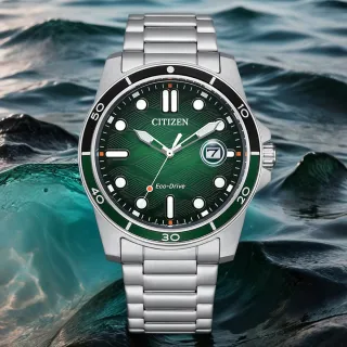 【CITIZEN 星辰】光動能水波紋手錶-綠面 男錶 畢業 禮物(AW1811-82X)