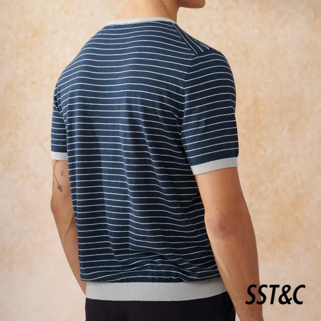 【SST&C 換季７５折】深藍底橫條紋棉麻短袖針織衫1112403001