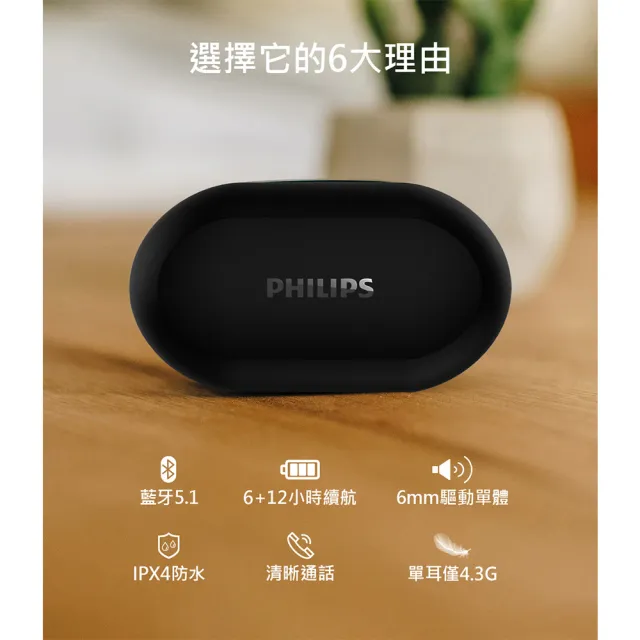 【Philips 飛利浦】TAT1215 真無線藍牙耳機(IPX4 防潑水/藍牙5.1/4色可選)