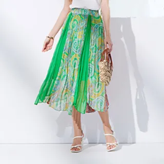 【MYVEGA 麥雪爾】MA印花拼接壓褶雪紡八分裙-綠