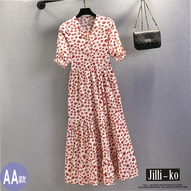 【JILLI-KO】赫本風拼接碎花長裙洋裝連衣裙-M/L/XL(多款任選)