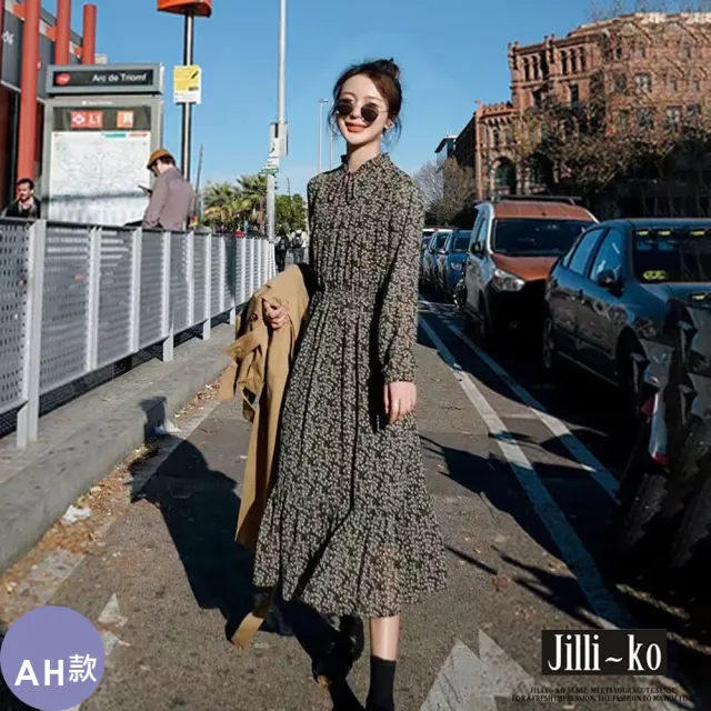 【JILLI-KO】赫本風拼接碎花長裙洋裝連衣裙-M/L/XL(多款任選)