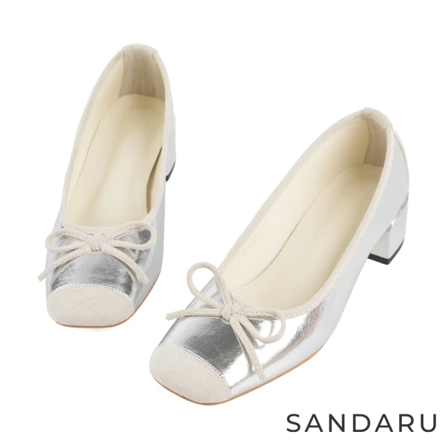 SANDARU 山打努SANDARU 山打努 跟鞋 方頭蝶結異材質拼接中跟粗跟鞋(銀)