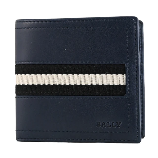 BALLY TOLLEN 經典LOGO品牌黑白織帶小牛皮雙層8卡短夾(深藍)