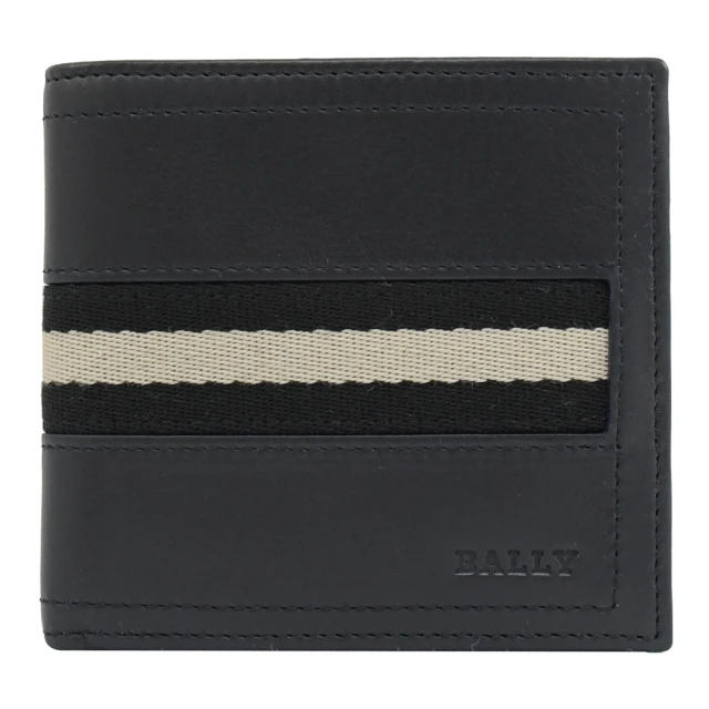 【BALLY】TOLLEN 經典LOGO品牌黑白織帶小牛皮雙層8卡短夾(深藍)