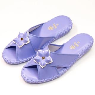 【PANSY】花朵款 女士手工防滑舒適柔軟皮革室內拖鞋 藍色 室內鞋 拖鞋 防滑拖鞋(9500)