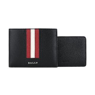 【BALLY】BALLY TYDAN銀字浮雕LOGO防刮牛皮飾條紋設計6卡對折短夾(黑x紅白條紋)