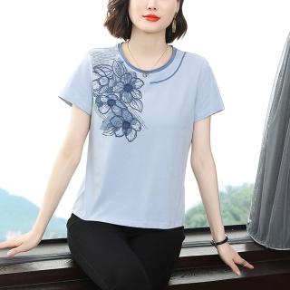 【Paiya 派亞】短袖純棉夏裝新款半袖繡花顯瘦寬鬆大碼上衣(M-4XL)