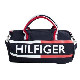 【Tommy Hilfiger】經典LOGO手提斜背休閒輕旅行袋(圓筒包 手提 側背 大容量)