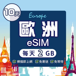 【環亞電訊】eSIM歐洲10天（每天2GB）降速吃到飽(eSIM 24H自動發貨 免等待免換卡 歐洲 土耳其 英國 瑞士)
