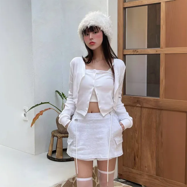 【SeasonsBikini】正韓製白色罩衫+鈕扣平口上衣 -KK69(罩衫平口上衣夜店穿搭Y2K小可愛)