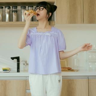 【OB 嚴選】純棉方領綁帶泡泡袖寬鬆上衣 《AB19337》