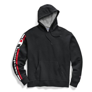 【Champion】冠軍 秋冬款 袖子草寫LOGO 舖棉 內刷毛 連帽T恤 帽T 黑色(美國進口平行輸入)