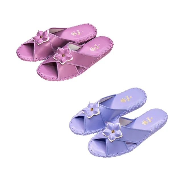 【PANSY】花朵款 女士手工防滑舒適柔軟皮革室內拖鞋 藍色 室內鞋 拖鞋 防滑拖鞋(9500)