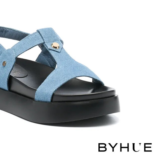 【BYHUE】率性休閒工字寬帶牛仔布厚底涼鞋(藍)