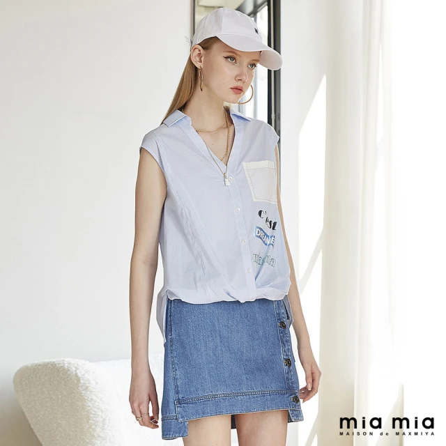 【mia mia】印花開領無袖條紋襯衫
