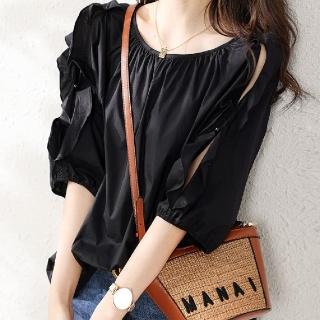 【LANNI 藍尼】★寬鬆公主袖一字領上衣(上衣/女裝/T恤/休閒/百搭)