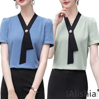 【Alishia】時尚V領撞色珍珠雪紡上衣 M-3XL(現+預 白色 / 黃色 / 綠色 / 藍色)