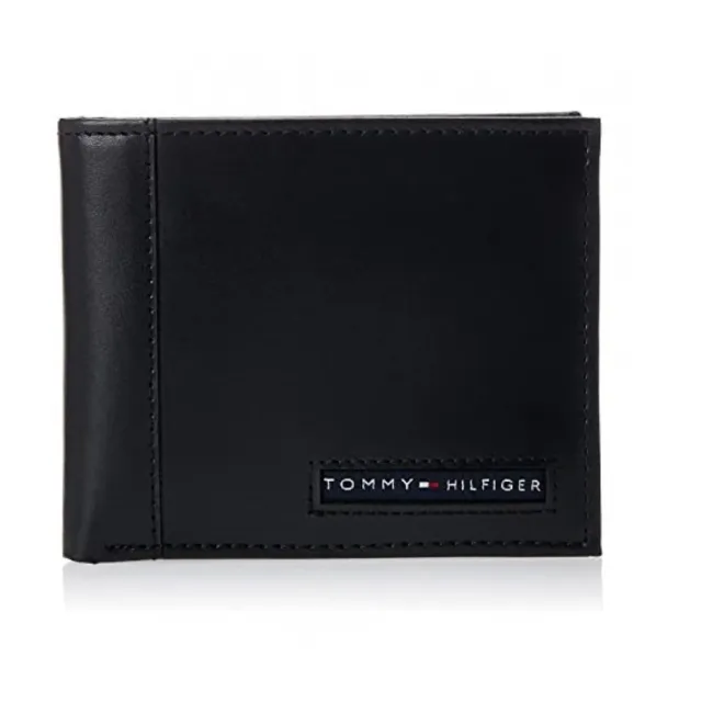 【Tommy Hilfiger】簡約經典logo 時尚皮革短夾 雙折皮夾 原廠盒裝(黑色)