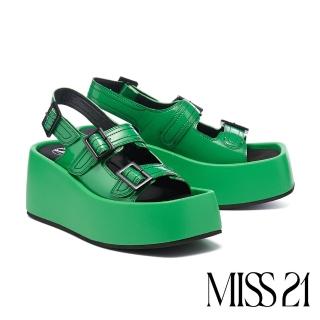 【MISS 21】微酸潮酷少女漆皮方釦雙繫帶撞色車線大頭水臺厚底涼鞋(綠)