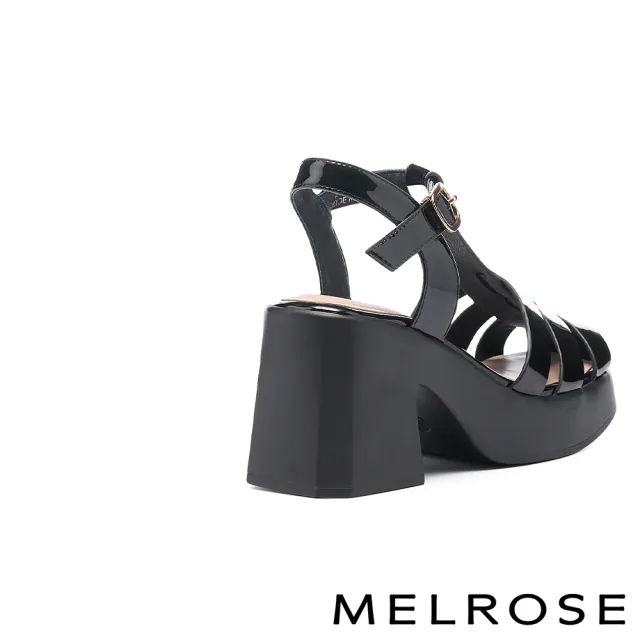 【MELROSE】美樂斯 質感率性編織帶造型牛漆皮方頭高跟涼鞋(黑)